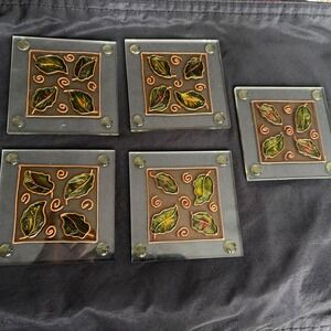 Handmade Fused Glass Art Coaster Copper Leaf Botanical Square Trivet MCM Decor 5